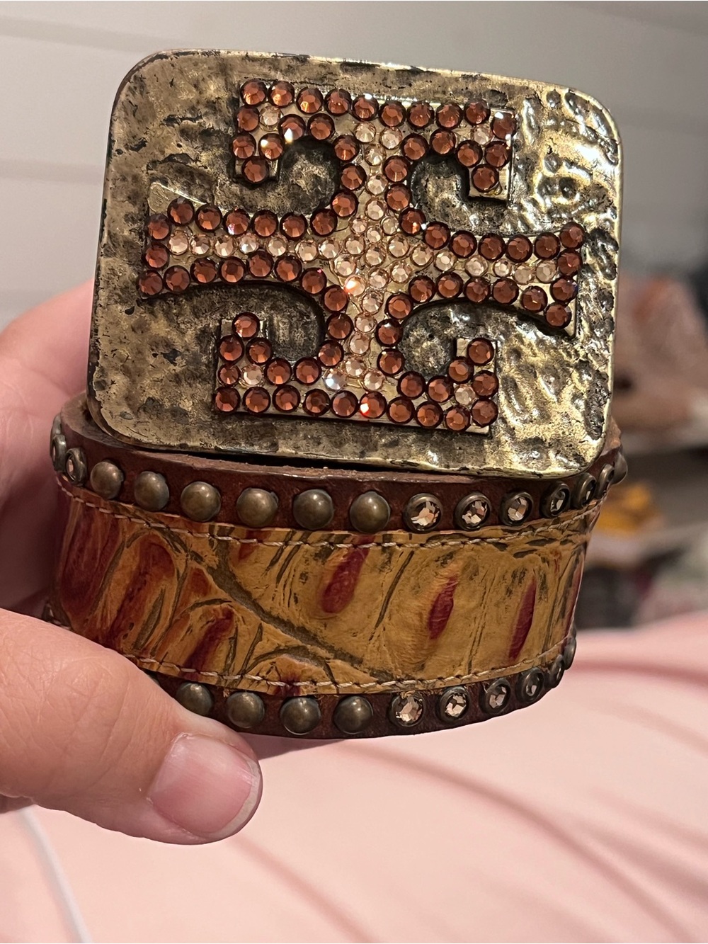 Vintage Rastrelli Leather Alligator Skin Rhinestones Buckle made in Italy Belt